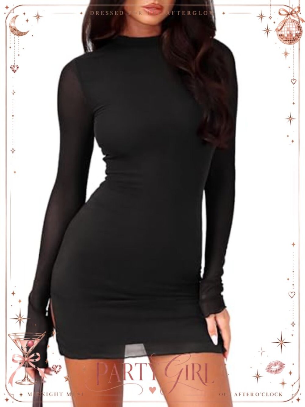Women's Mesh Bodycon Mini Dress Mock Neck Long Sleeve Sheer Slit Party